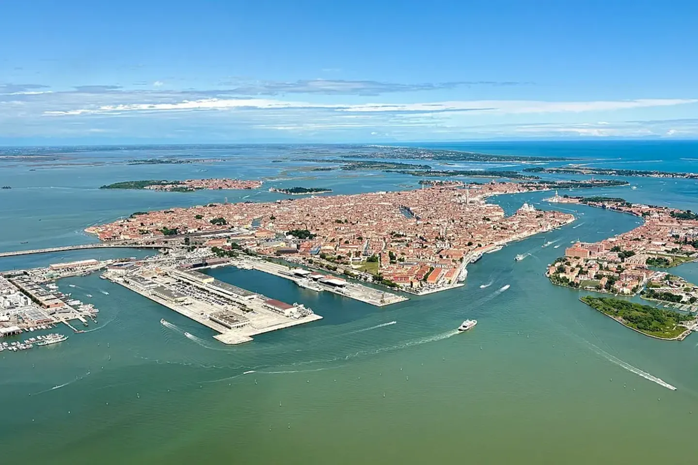 Aerial view of Venice’s rooftops and waterways.