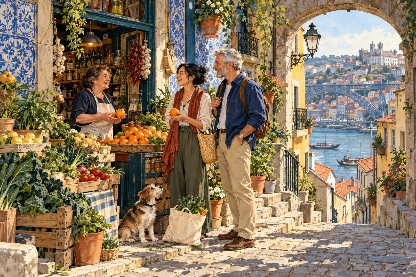 Original illustration of everyday neighborhood life in Portugal.