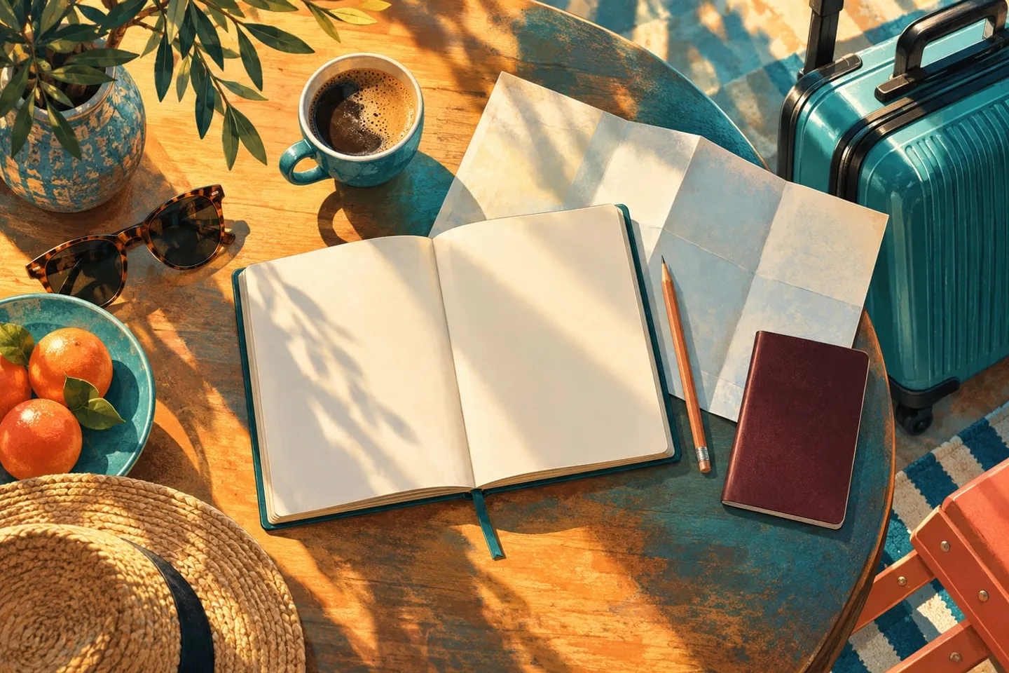 Original Meridian illustration of a café table with a notebook, passport and suitcase.