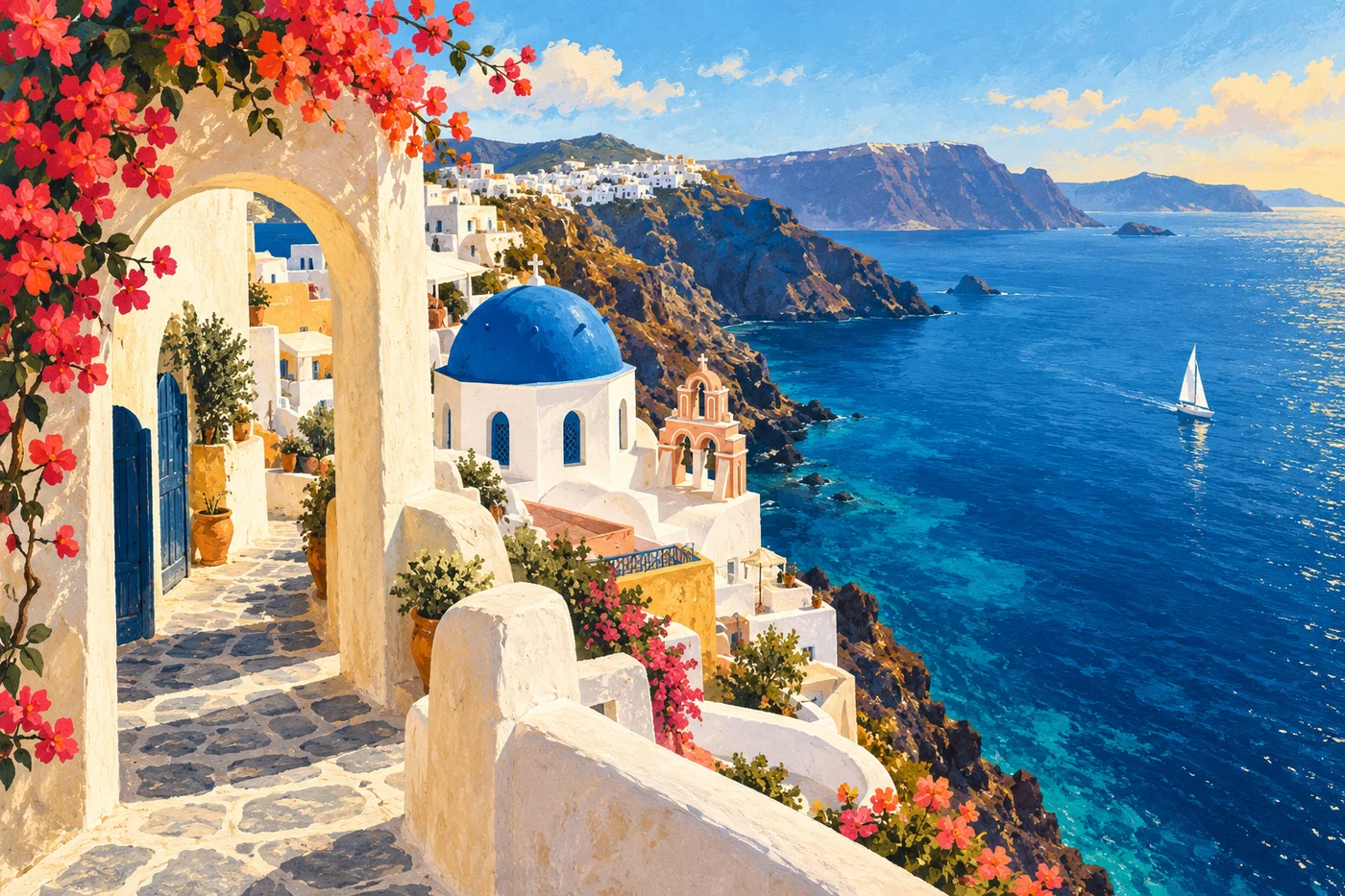 Original illustration of Santorini overlooking the Aegean Sea