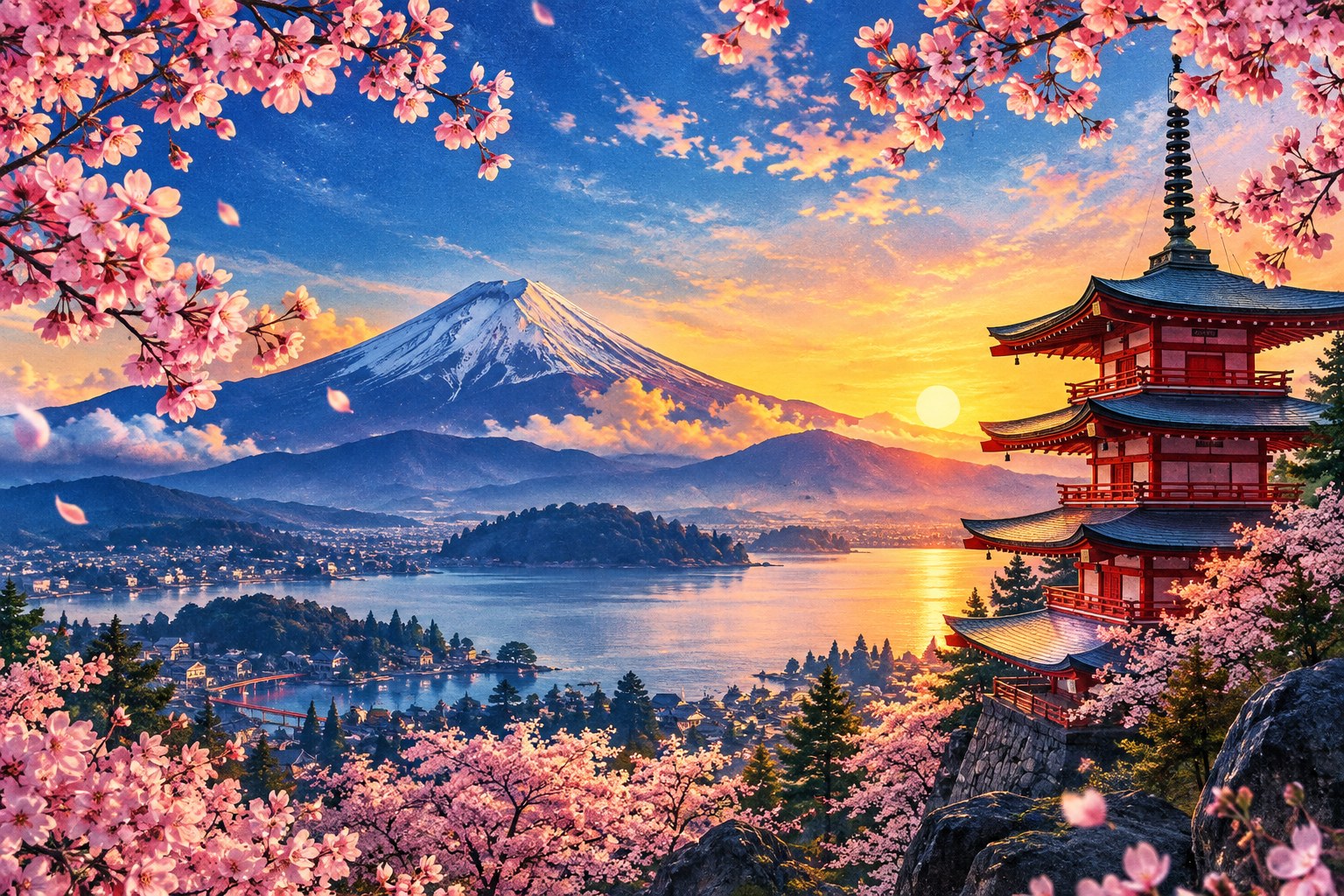 Original illustration of Mount Fuji, cherry blossoms and a pagoda