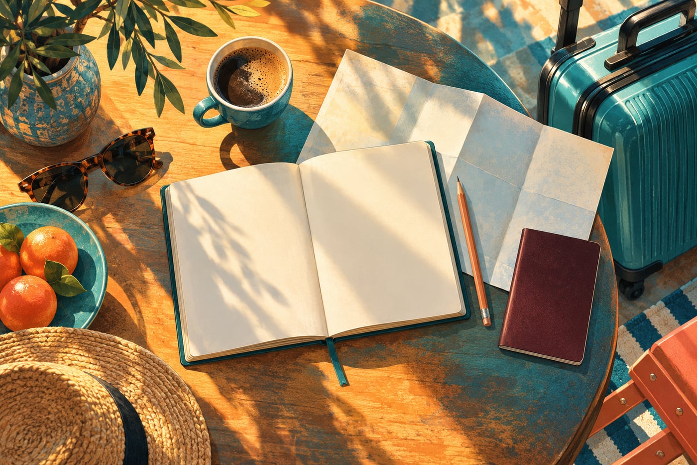 Original travel illustration with a notebook, passport, coffee and luggage