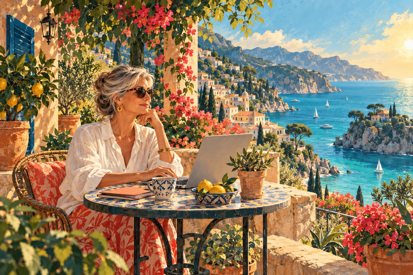 Original illustration of a woman working on a sunlit café terrace above the sea