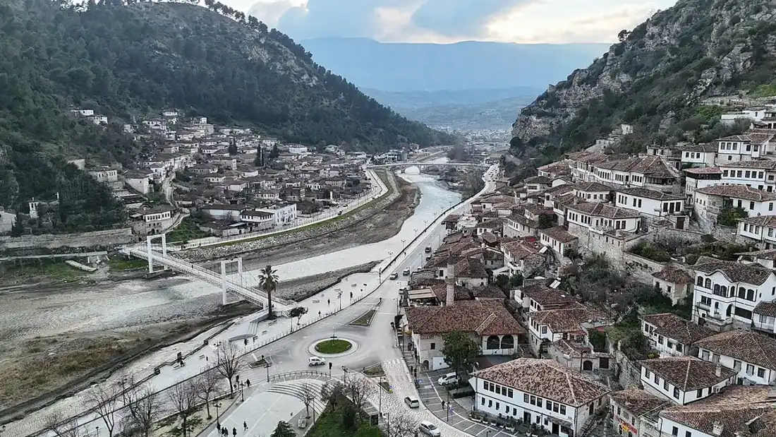 Aerial view of Berat’s historic hillside houses and the Osum River, Albania