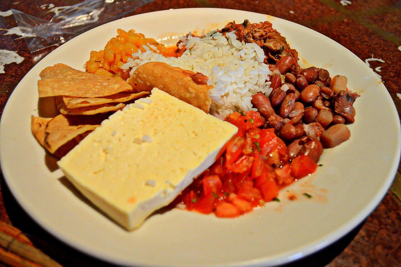 A casado plate with veal, rice, beans, salad and tortilla in Sacramento, Heredia, Costa Rica