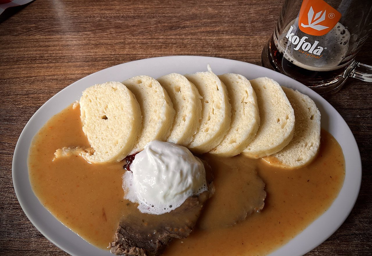 Svíčková na smetaně — beef sirloin in cream sauce with bread dumplings — at a restaurant in Hory, Czech Republic