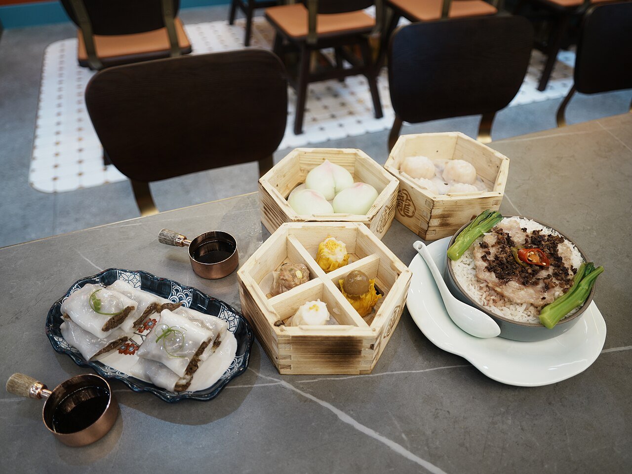A spread of dim sum served at Lung Dim Sum in Wan Chai, Hong Kong