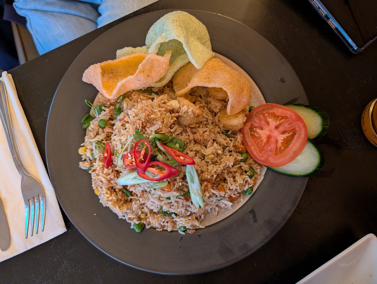 A plate of nasi goreng — Indonesia's signature fried rice — with prawns in Bali
