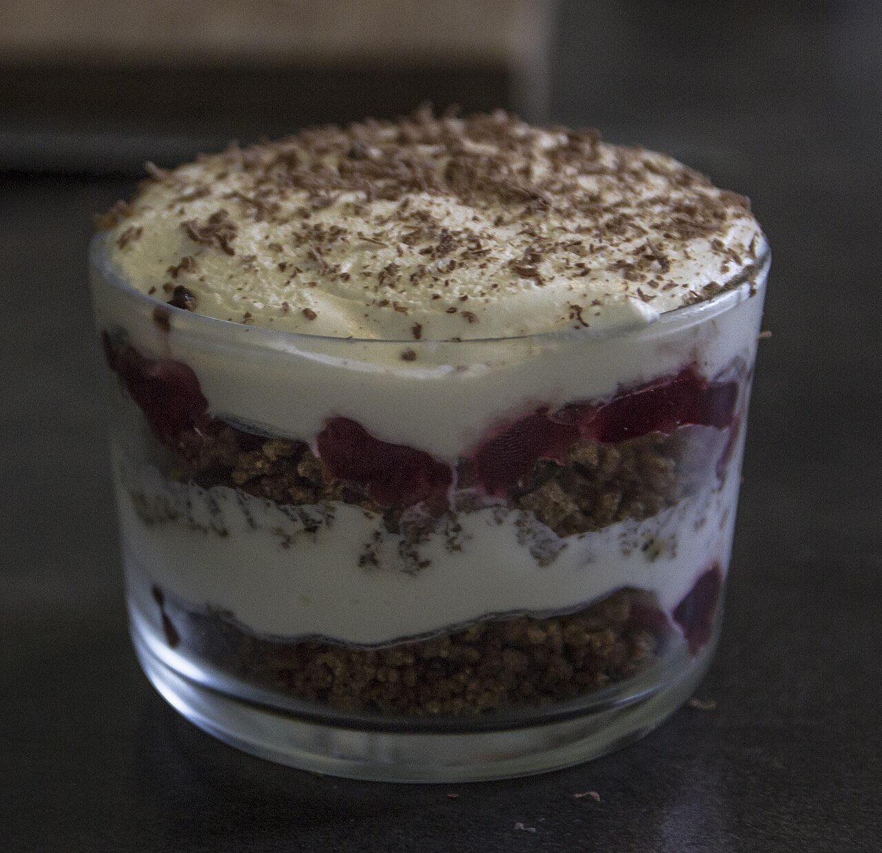 Rupjmaizes kārtojums — a traditional Latvian dessert of layered dark rye bread, cream and berries