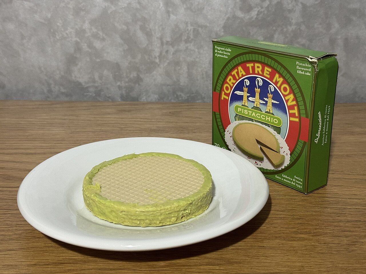 A pistachio Torta Tre Monti, San Marino's signature wafer cake