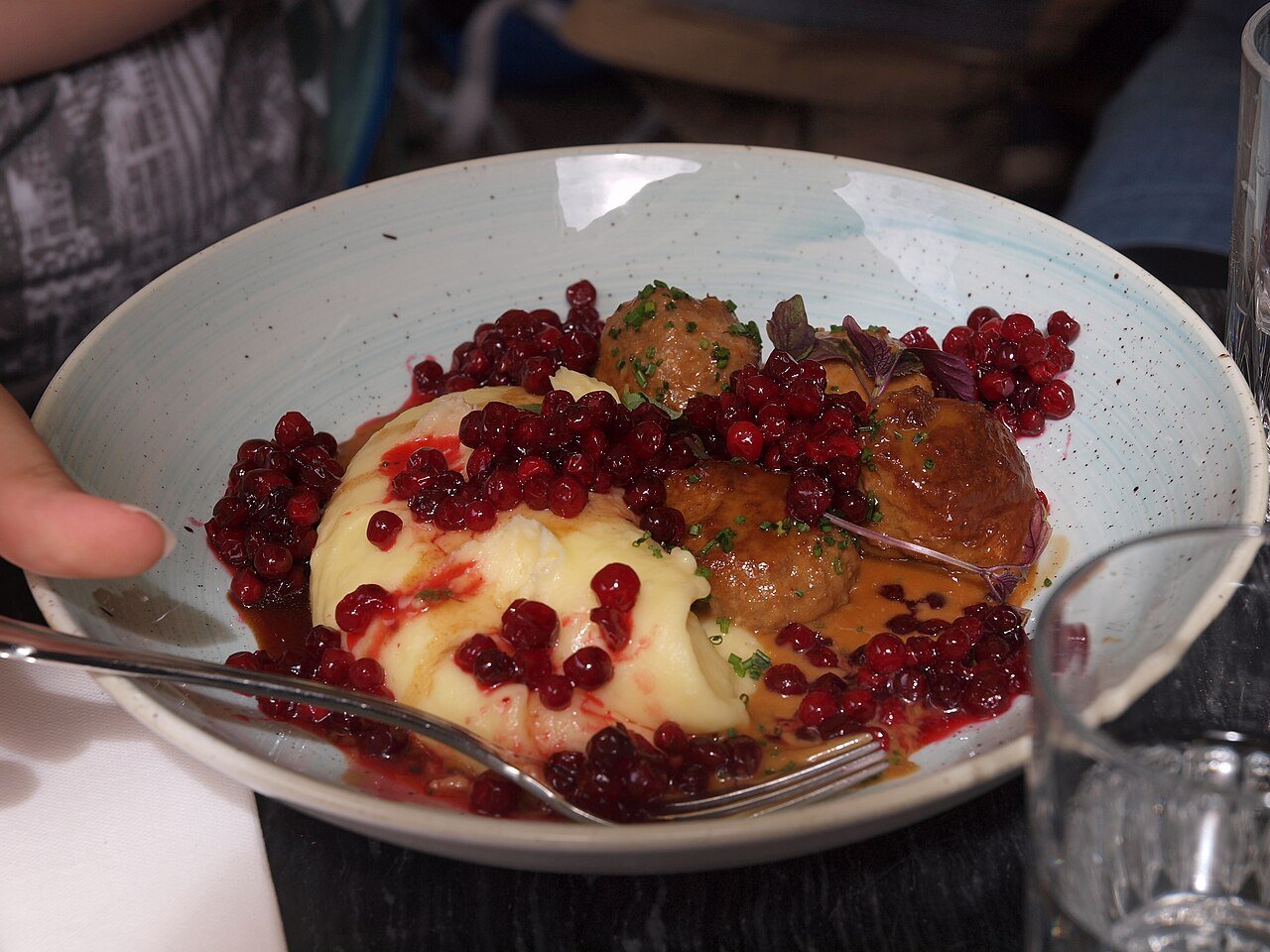 Swedish meatballs (köttbullar) with mashed potatoes and lingonberries at a restaurant in Gamla stan