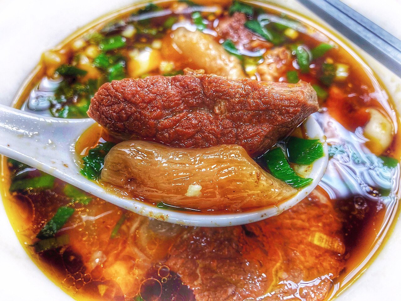A bowl of Taiwanese beef noodle soup at Mu Ji Beef Noodles in Taipei, Taiwan