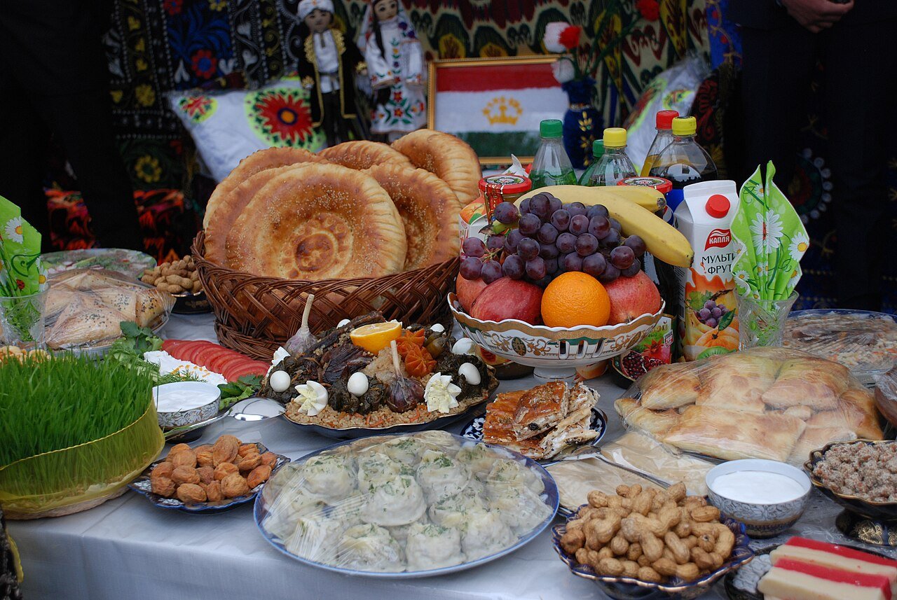 A Nawruz celebration spread — bread, fruit, dumplings, nuts and traditional dishes