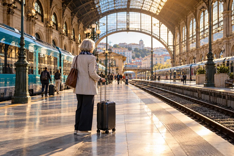 A traveler with a suitcase choosing her onward journey in a sunlit railway station.