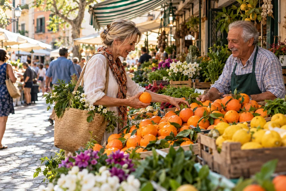 A woman choosing oranges from a vendor at a neighborhood market.