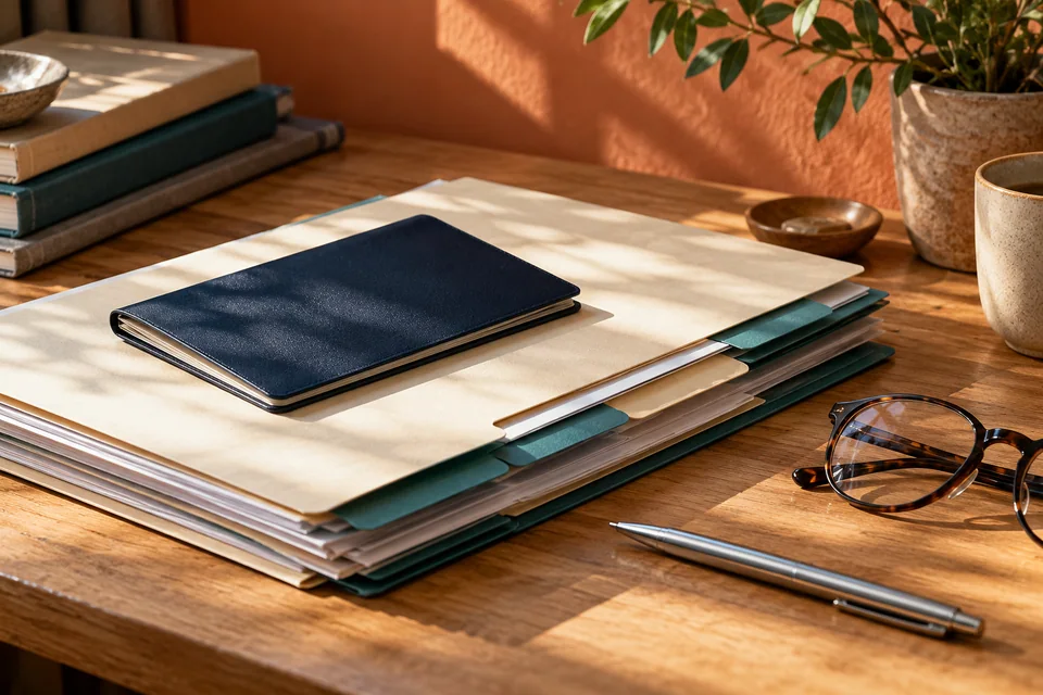 An organized application folder with document tabs, a navy travel booklet, glasses and a pen.