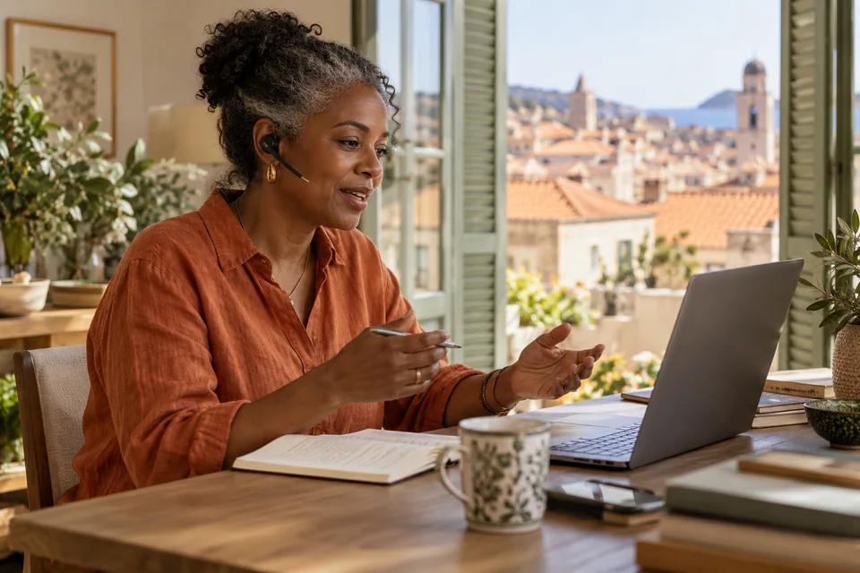 A woman working remotely from a bright apartment overlooking terracotta rooftops.