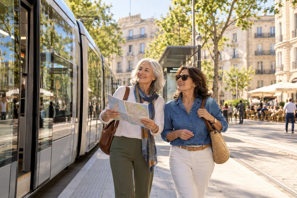 Two friends exploring their new neighborhood beside a tram stop.