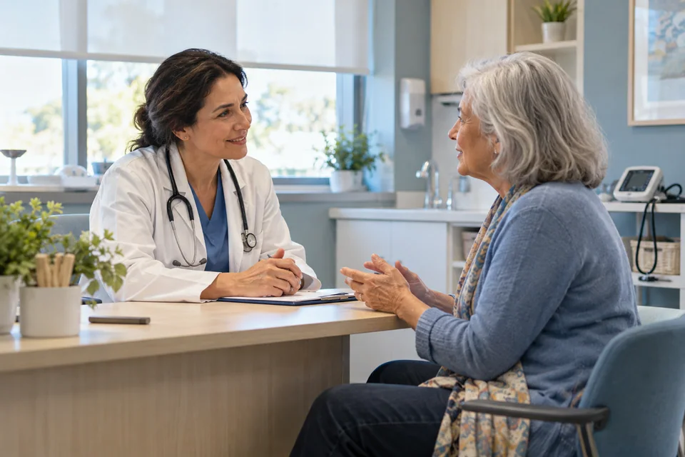 A doctor listening to a woman during a calm clinic consultation.