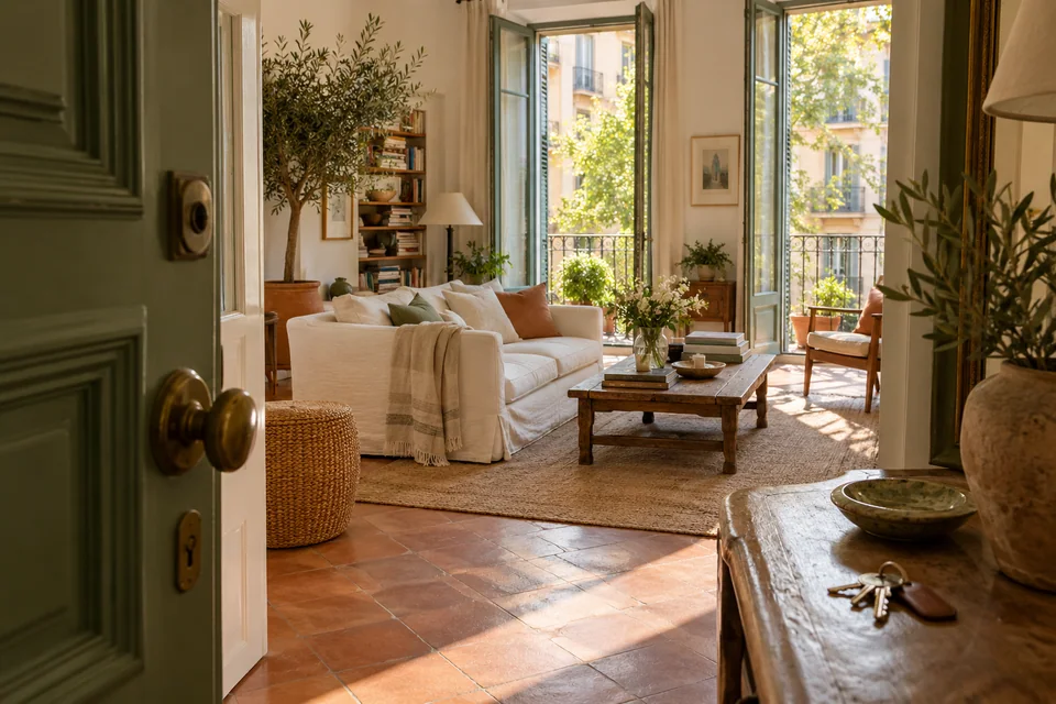 An open doorway into a comfortable apartment with a leafy neighborhood view.