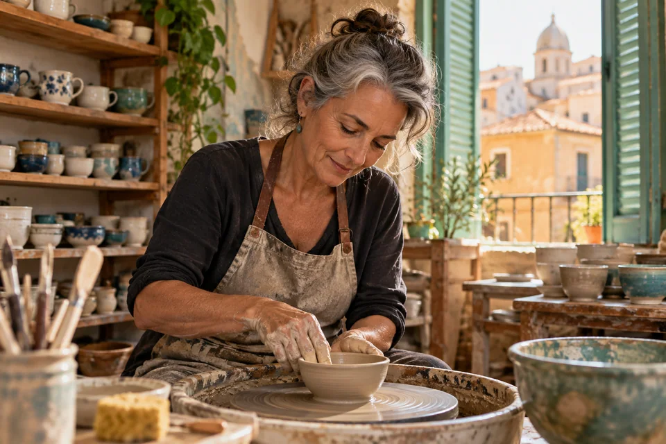 A ceramic artist shaping a bowl in her sunlit studio.