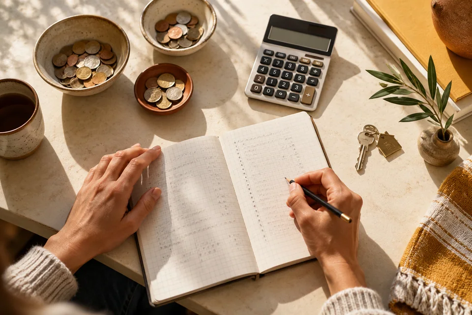 Hands preparing a moving budget beside a calculator, coins and house keys.