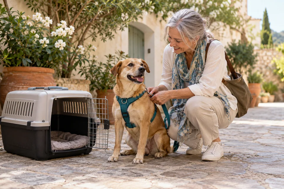 A tan dog in a teal harness beside a travel carrier in a sunny courtyard.