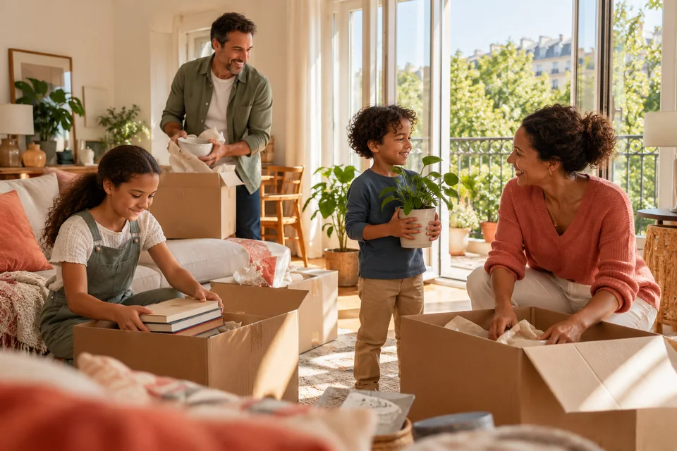 A family unpacking boxes and arranging books in their new home.