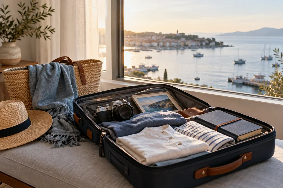 A carefully packed suitcase beside an apartment window overlooking a harbor.