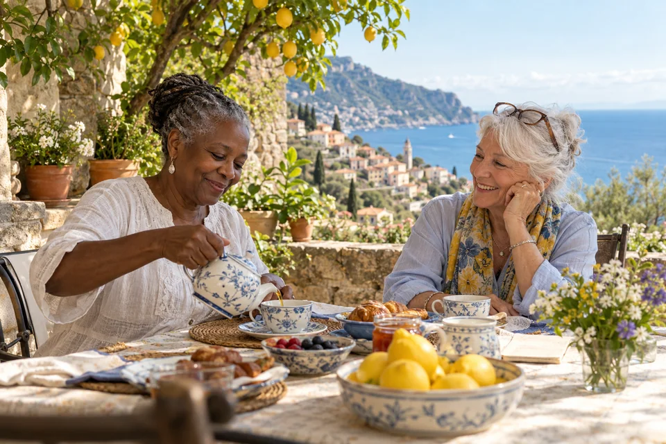 Two women sharing a relaxed breakfast on a garden terrace.