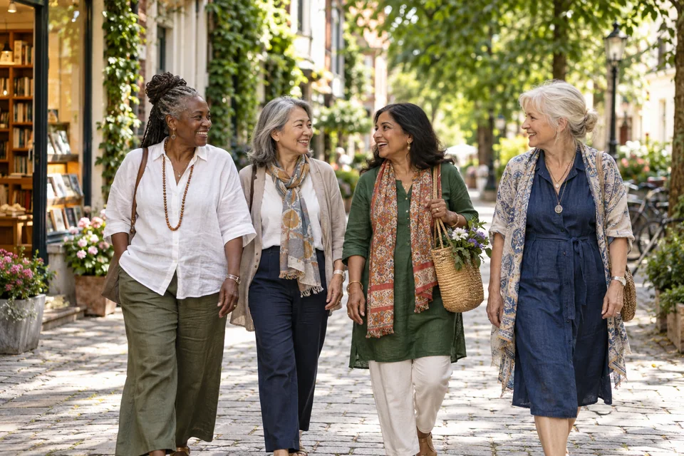 A group of women enjoying a walk together through a leafy neighborhood.