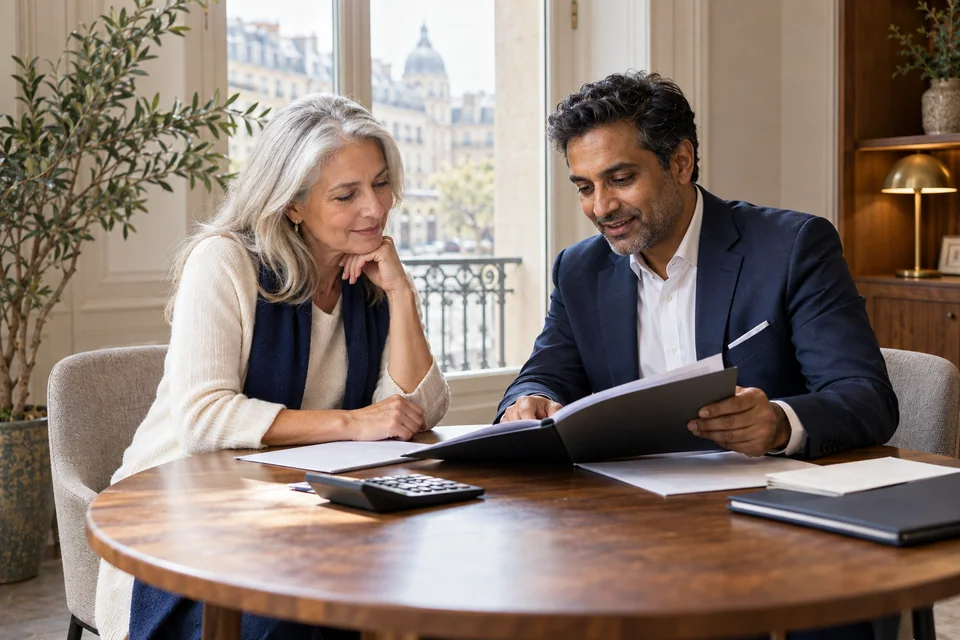 A woman reviewing financial paperwork with an adviser in a welcoming office.