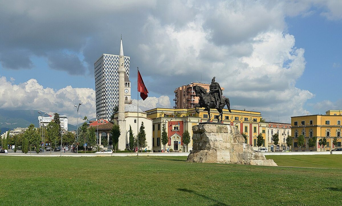 The Skanderbeg monument and buildings around Skanderbeg Square in Tirana, Albania