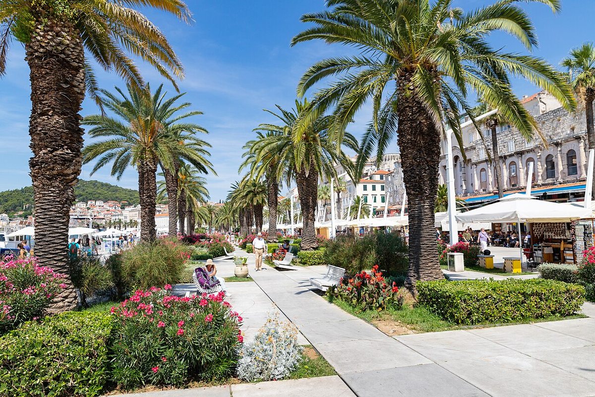 Palm trees, flower beds and outdoor cafés along the Riva promenade in Split, Croatia
