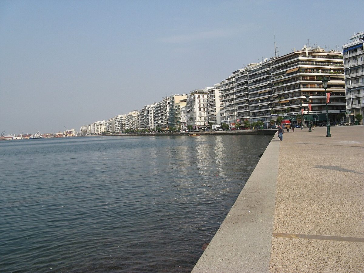 The waterfront promenade and apartment buildings beside the sea in Thessaloniki, Greece