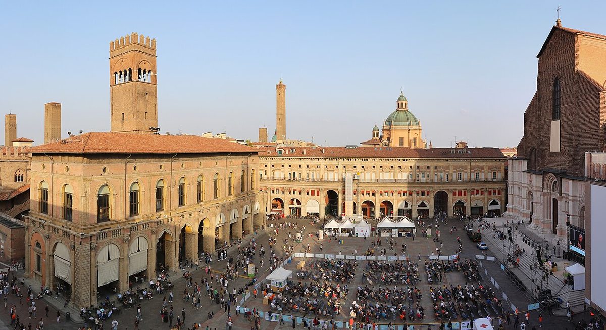 Piazza Maggiore and surrounding historic buildings viewed from Palazzo Comunale in Bologna, Italy