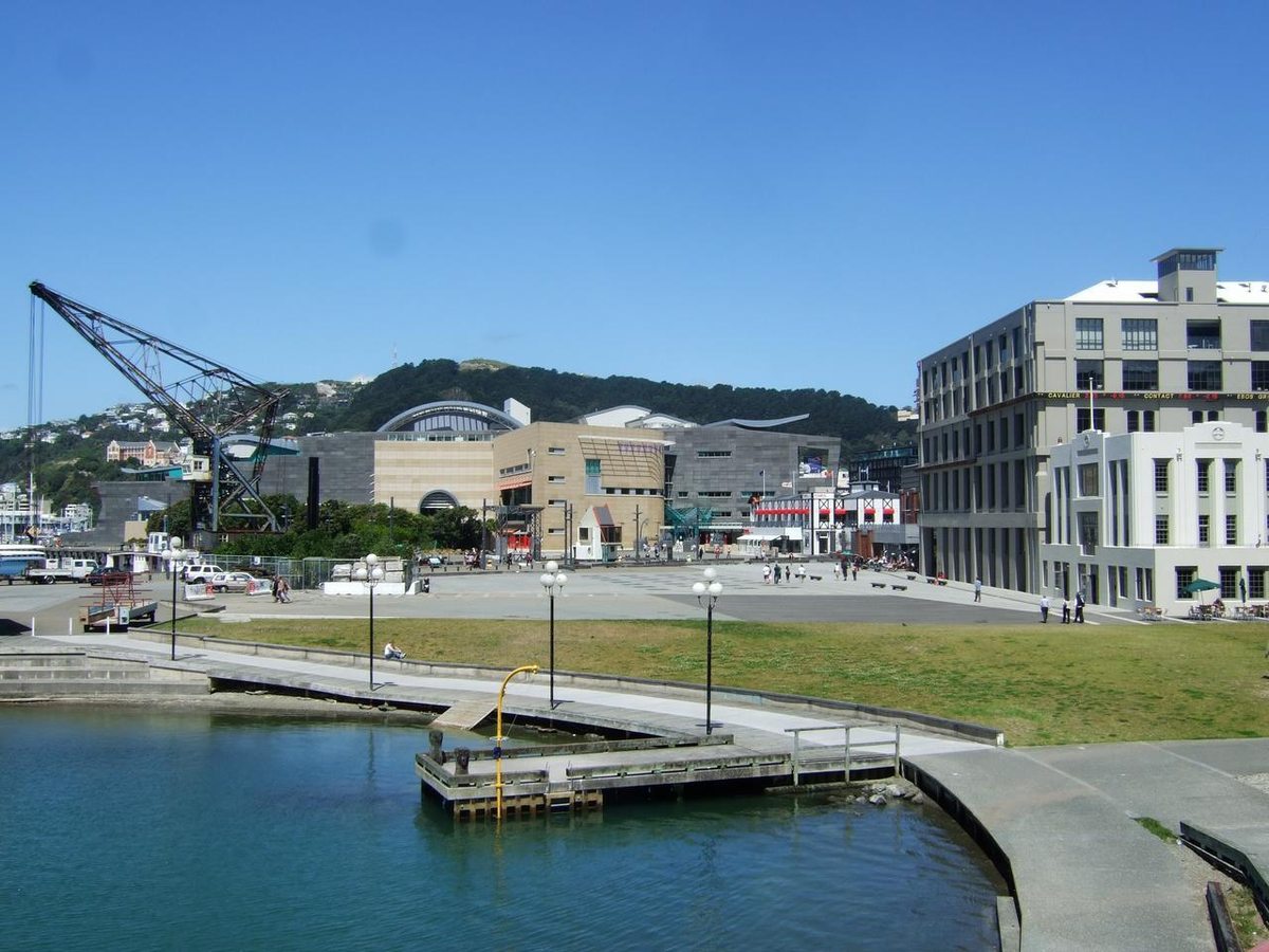 Wellington’s waterfront and city buildings beside the harbour, New Zealand