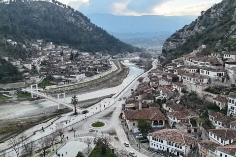 Aerial view of Berat’s historic hillside houses and the Osum River, Albania